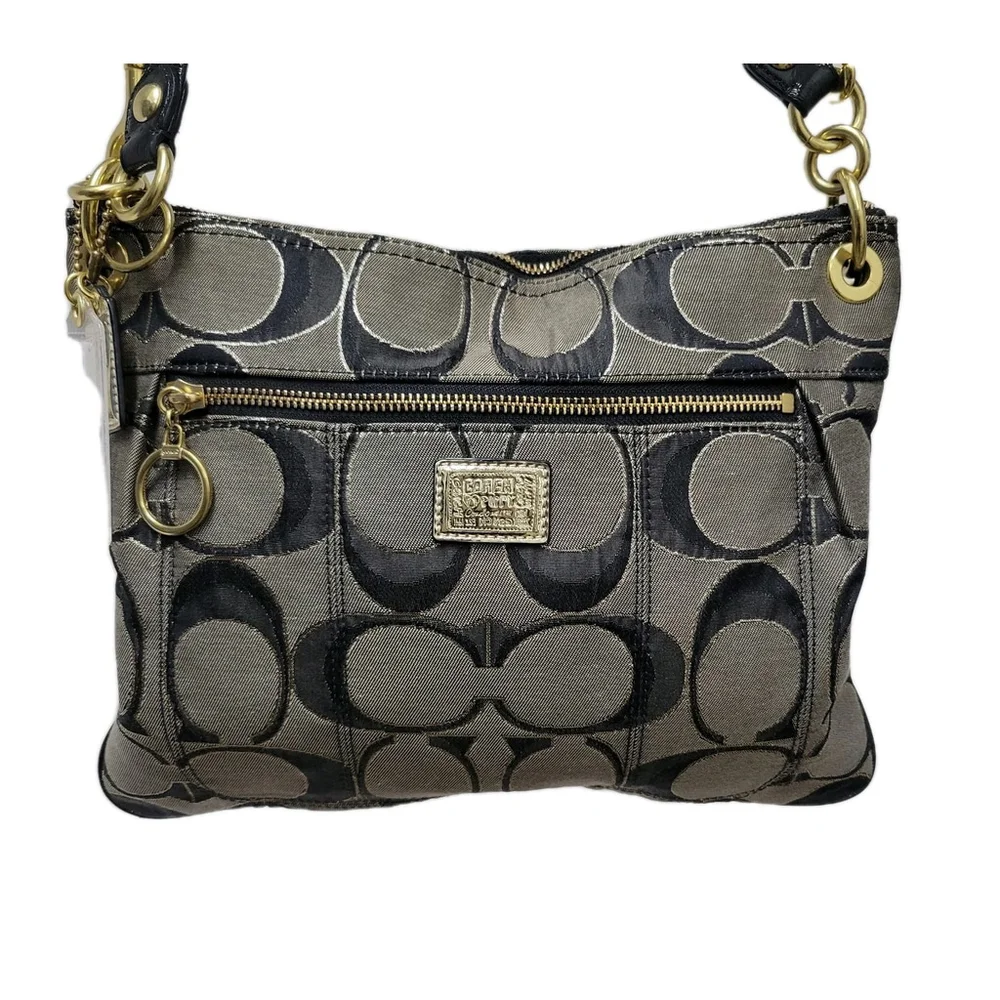 Coach #18135 Black & Gold Canvas Leather Trim Shoulder/Crossbody Handbag Purse